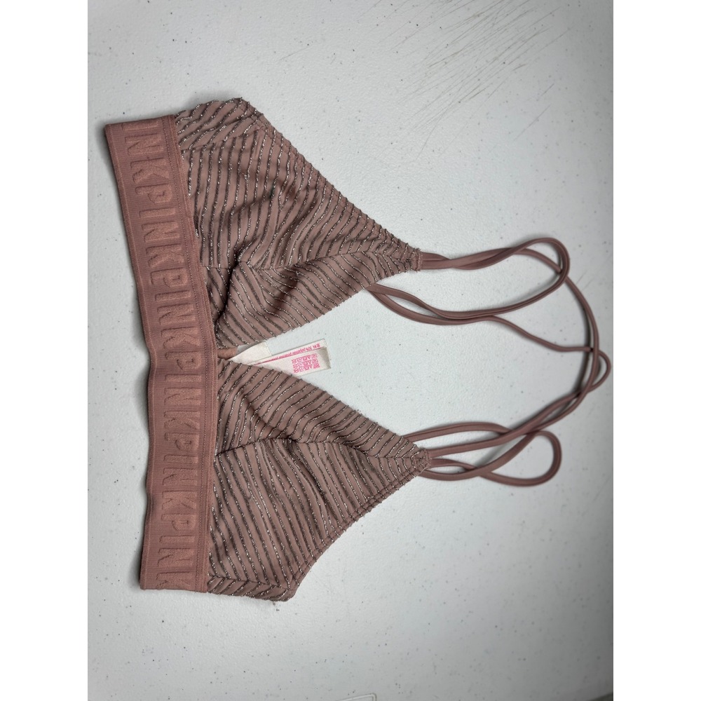 Victoria's Secret PINK Bralette XS Mauve Silver‎ Metallic Stripe Logo Underband